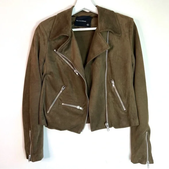 Olivaceous Vegan Faux Suede Moto Jacket Size Small - Picture 3 of 12